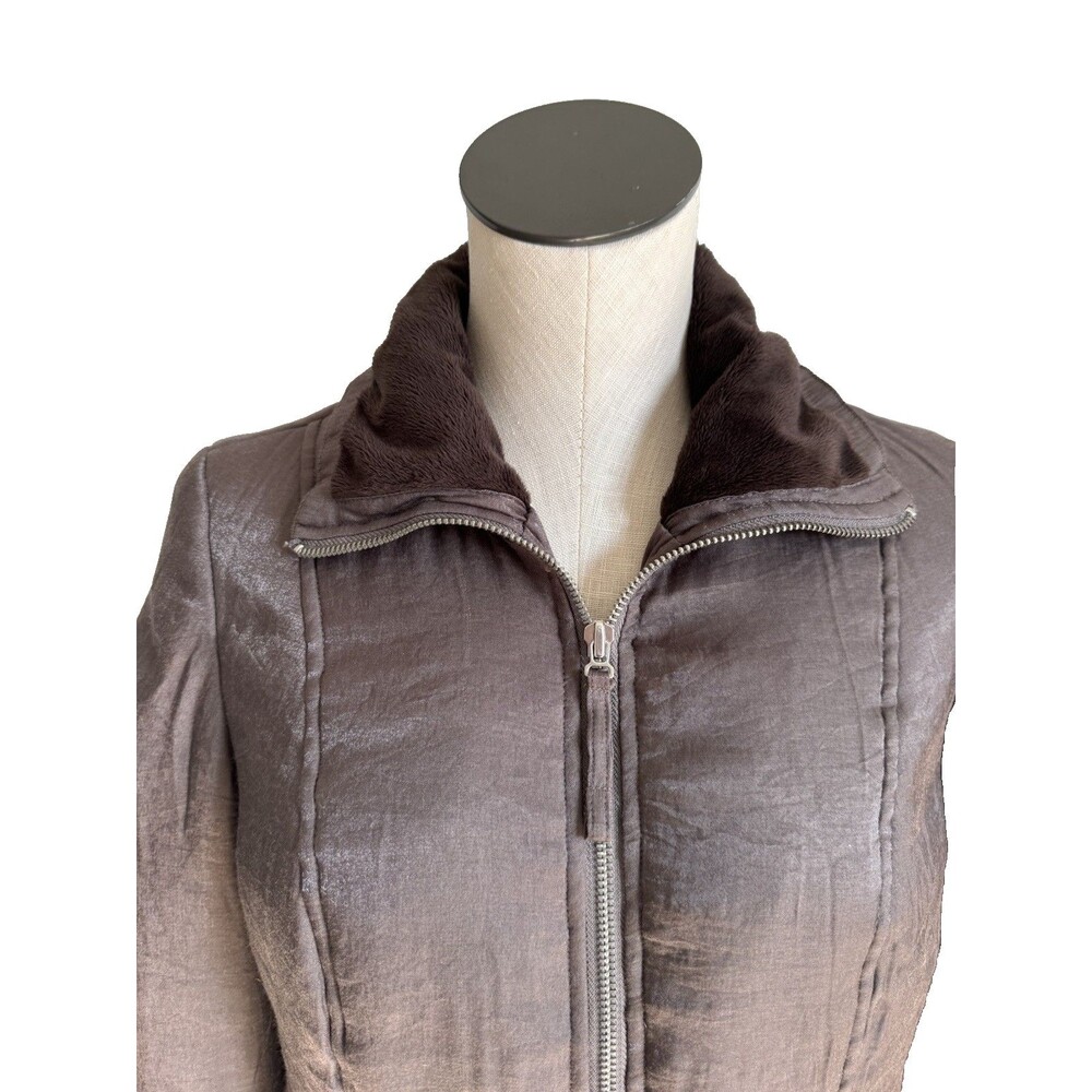 Chicos Brown Metallic Jacket Full Zip Faux Fur Neck Size Small EUC